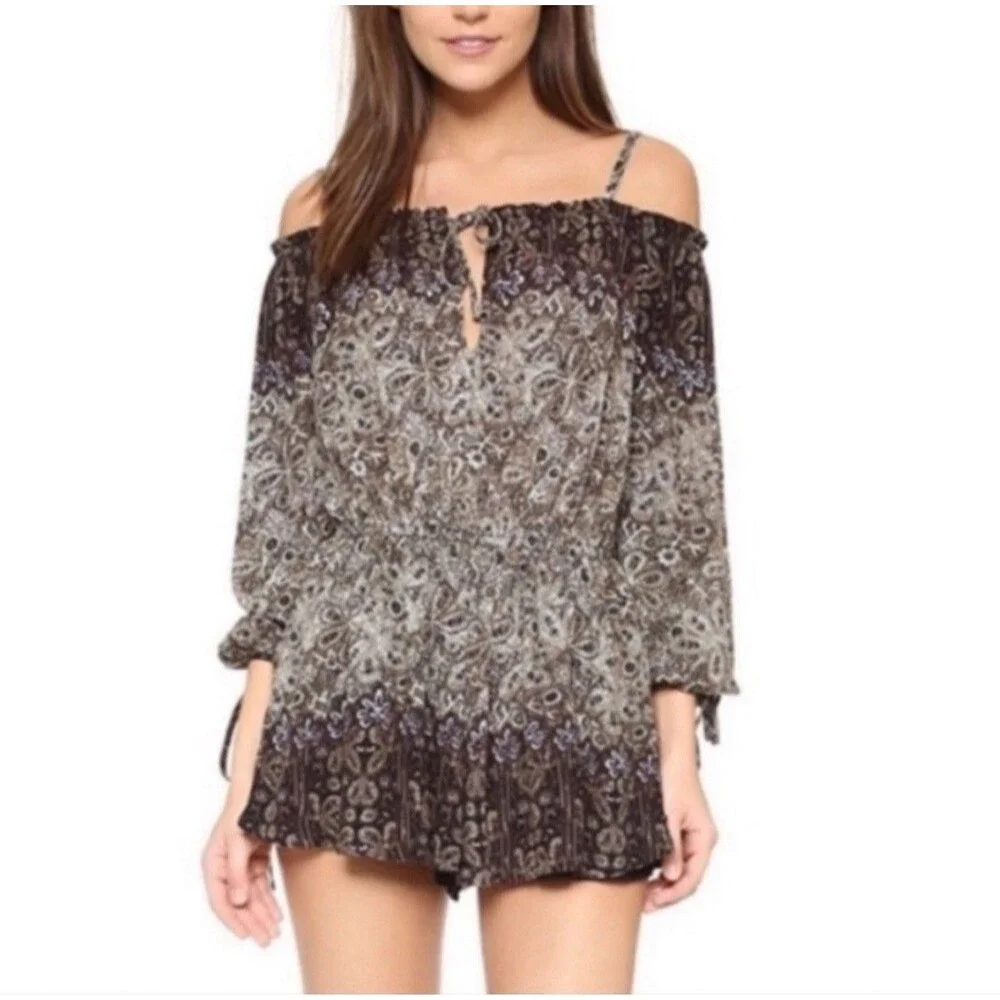 Free People Womens So Divine Romper Off the Shoulder Paisley Smocked XS